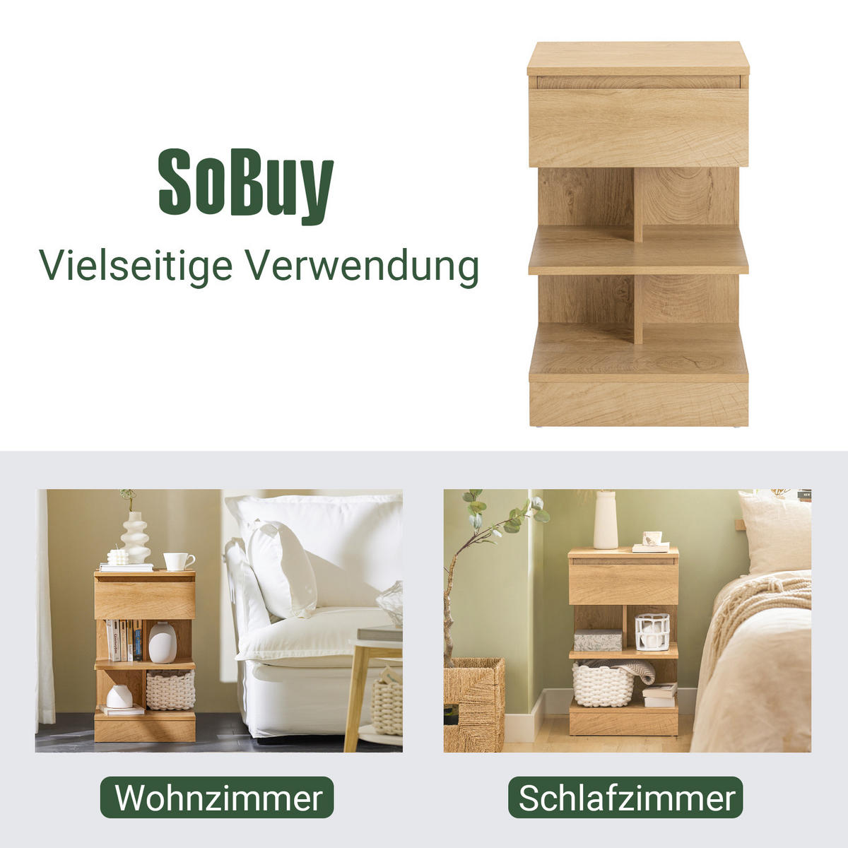NACHTTISCH Natur - Naturfarben, Holzwerkstoff (39/39/65cm) - SoBuy