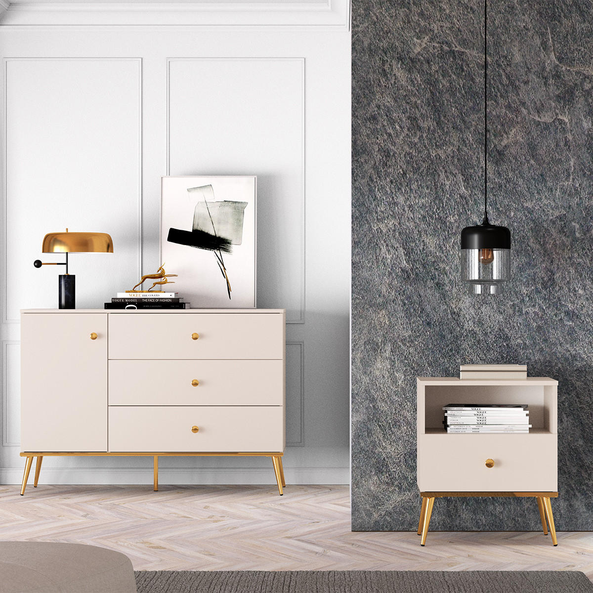 NOČNÍ STOLEK Olivia Kašmír - béžová, kompozitní dřevo (50/54/34cm) - Petits-meubles