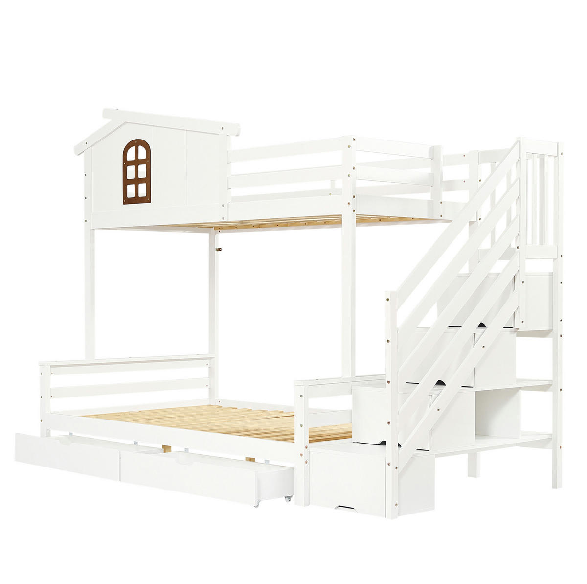 ETAGENBETT 90/200 & 120/200 cm aus Kiefer und MDF mit Eck-Leiterschrank und 2 Schubladen Weiß/Natur - Naturfarben, Holz (90/200cm) - Modenvie