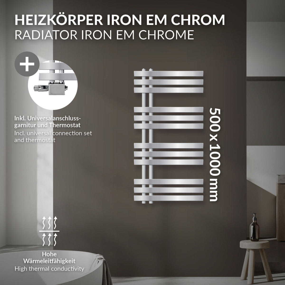 KOUPELNOVÝ radiátor Iron EM 500 × 1000 mm, chrom, s ventilem, univerzální provedení - chromová, kov (50/100/3cm) - LuxeBath