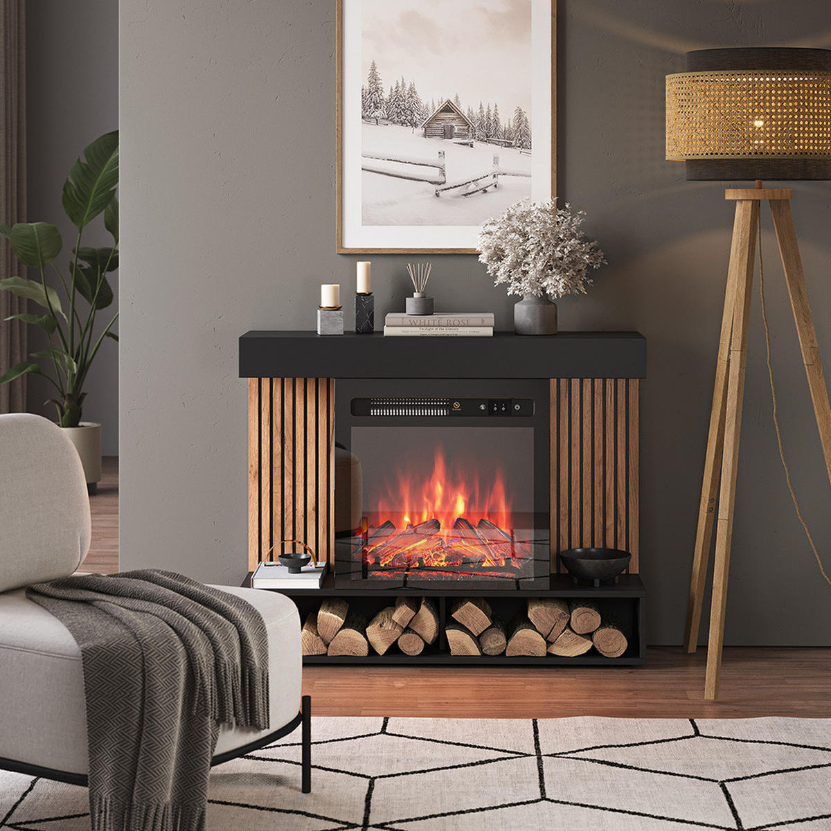 ELEKTROKAMIN Lynea Schwarz 100 cm mit realistischem Flammeneffekt und Heizung 1800W - Schwarz, Holzwerkstoff (100/80/25cm) - Vicco