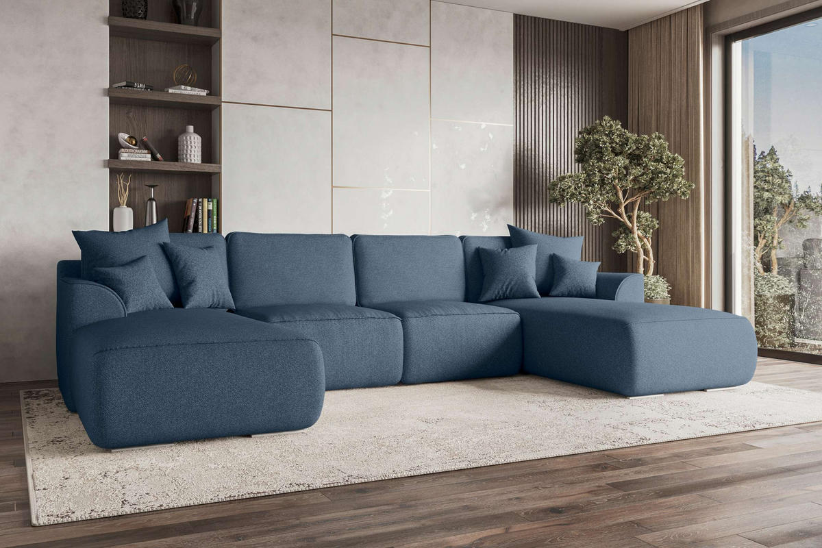 WOHNLANDSCHAFT GUSTO Strukturstoff Dunkelblau inkl. Schlaffunktion - Chromfarben/Dunkelblau, Kunststoff/Textil (306/96/194cm) - 99rooms