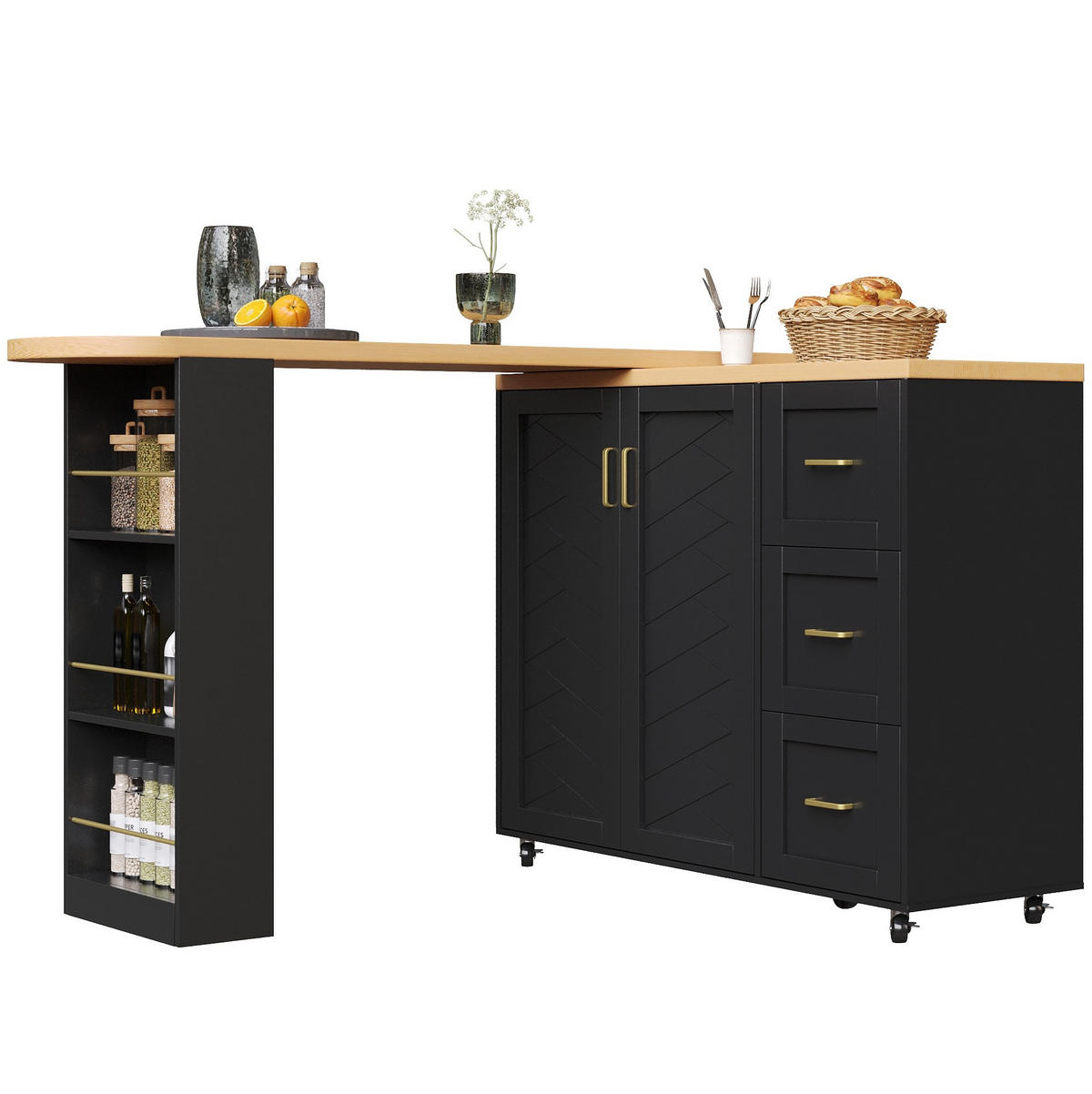 KÜCHENINSEL aus MDF und Metall 135-228x39x104 cm Schwarz mit Holzoptik, ausziehbar, rollbar und mit viel Stauraum - Schwarz, Holzwerkstoff (39/104/135cm) - Modfu