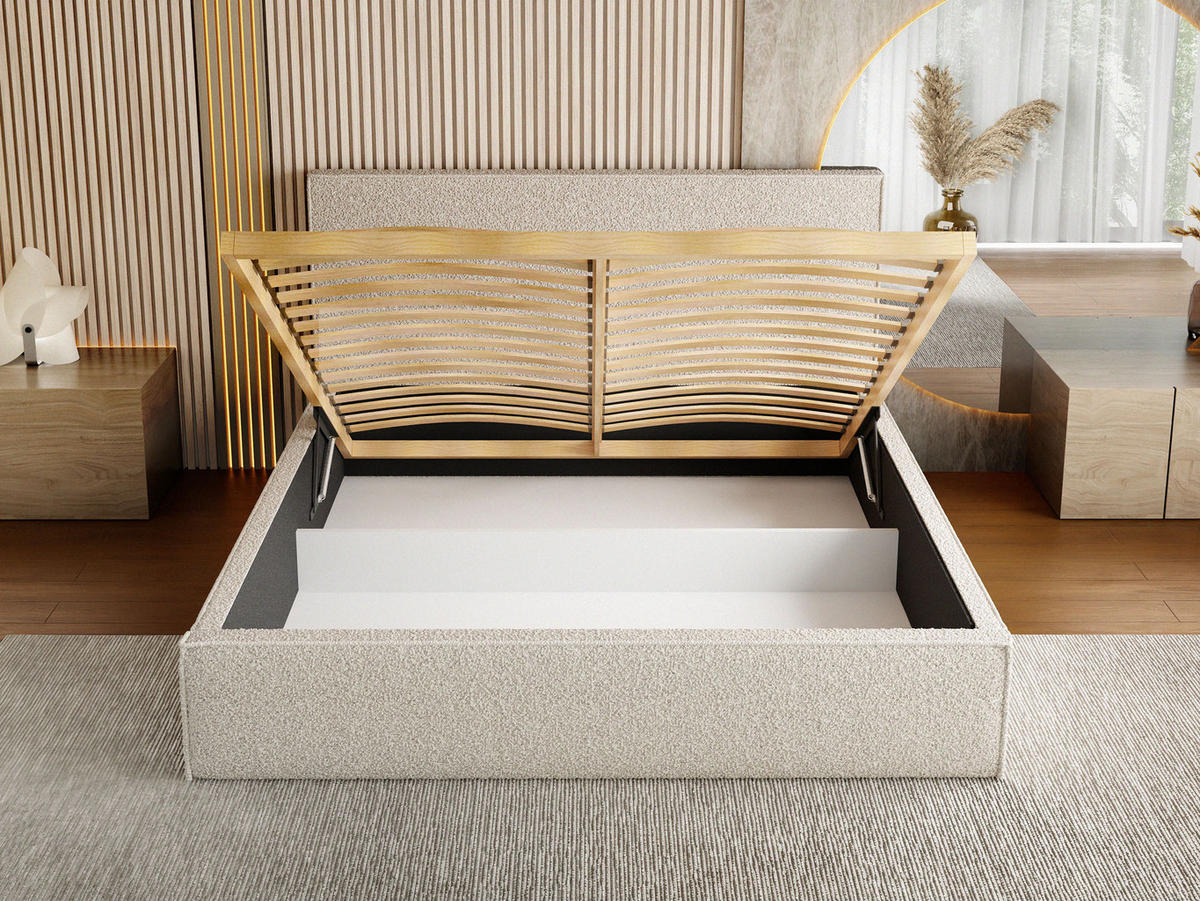 POLSTERBETT Terra Slim mit Bettkasten, Beige Boucle 160x200 cm - Beige/Birkefarben, Holz/Holzwerkstoff (160/200cm) - WFL GROUP