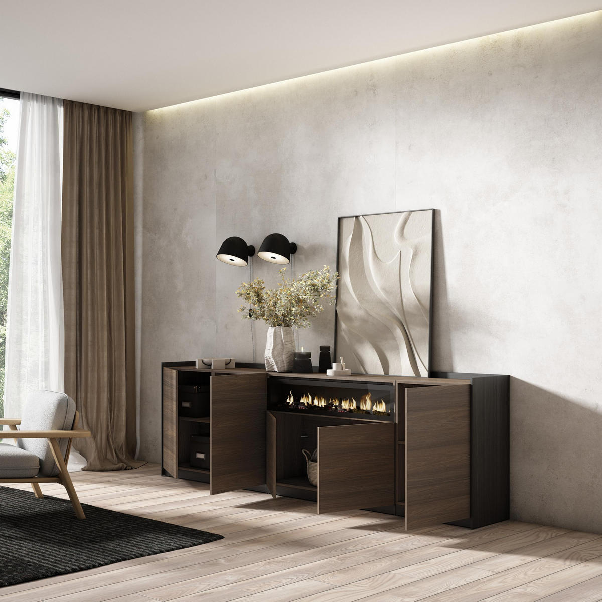SIDEBOARD, Dunkler Eiche und Schwarz, Elektrokamin, 260/37/80cm - Dunkelbraun, Holzwerkstoff (260/80/37cm) - Skraut Home