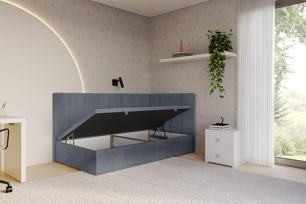 EINZELBETT Jugendbett mit Bettkasten Links, ohne Matratze - LOVY 90x200 Grau - Grau, Holzwerkstoff/Textil (90/200cm) - ALTDECOR