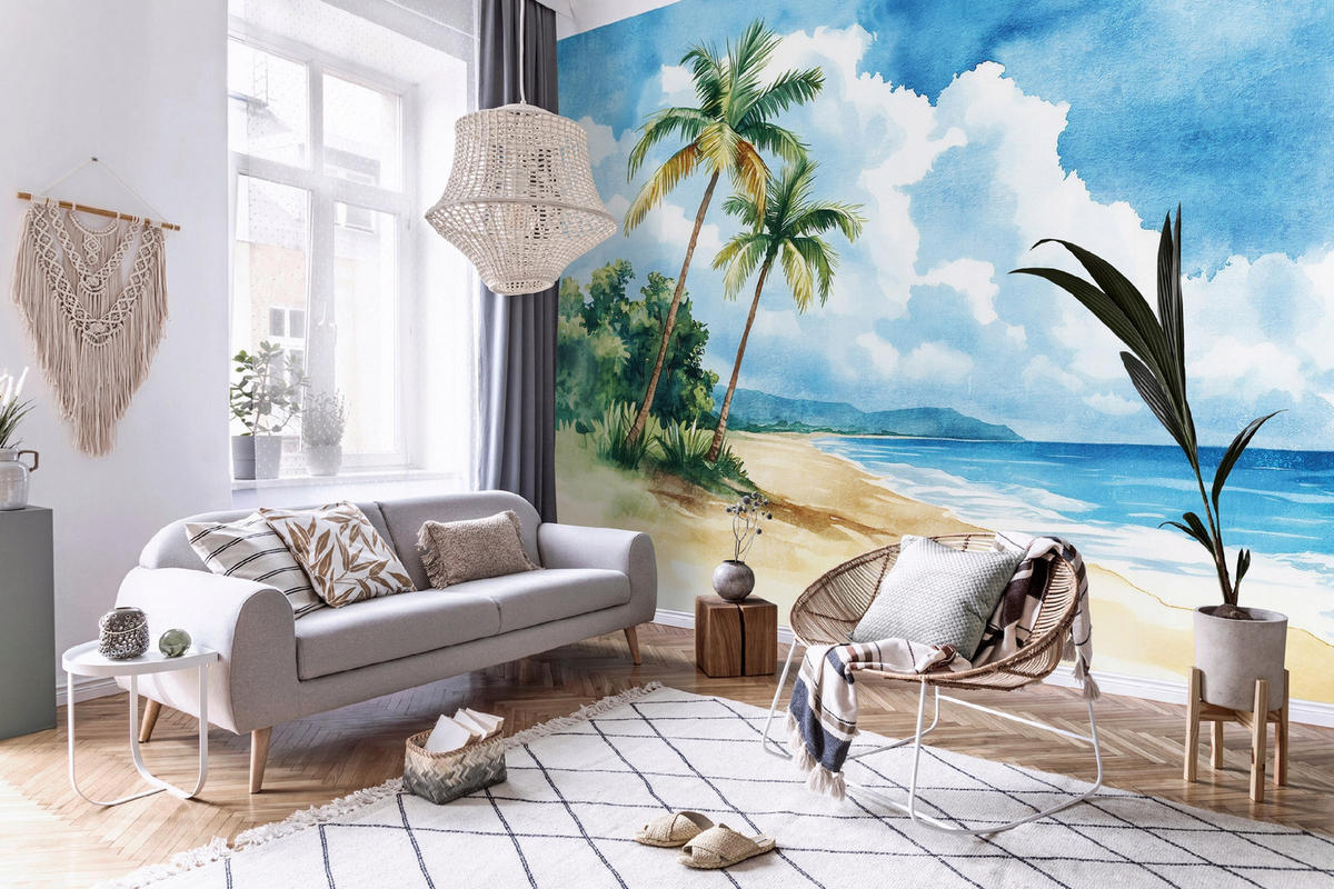 FOTOTAPETE Strand Palmen Blau 416x254 cm - Multicolor, Textil (416/254cm) - Wallarena