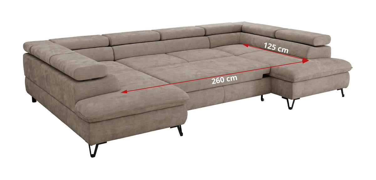 WOHNLANDSCHAFT PABLO U Schenille glatt Hellgrau mit Topper Visco - Hellgrau/Schwarz, Textil/Metall (346/76/208cm) - MKS