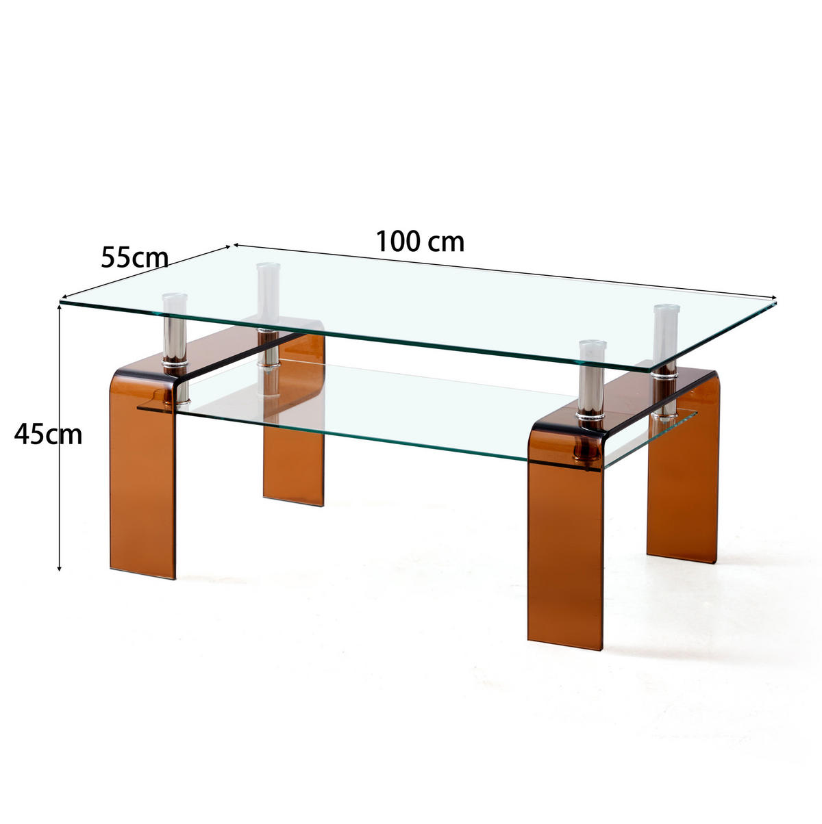 COUCHTISCH 2-stufig 100 x 55 x 45 cm Glas Metall Braun - Klar, Metall (100/55/45cm) - Meubliv