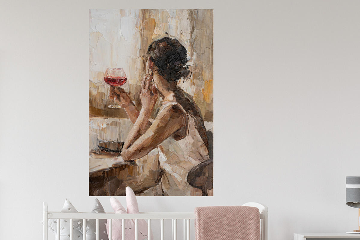 WANDTATTOO Ölgemälde - Frau - Wein 80x120 cm - Hellbraun, Kunststoff (80/120/0.1cm) - MuchoWow