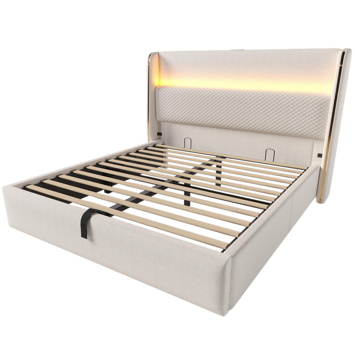 POLSTERBETT 140/200 cm mit hydraulischem Bettkasten, LED-Kopfteil & USB/Type-C, Beige - Beige, Textil (140/200cm) - Redom