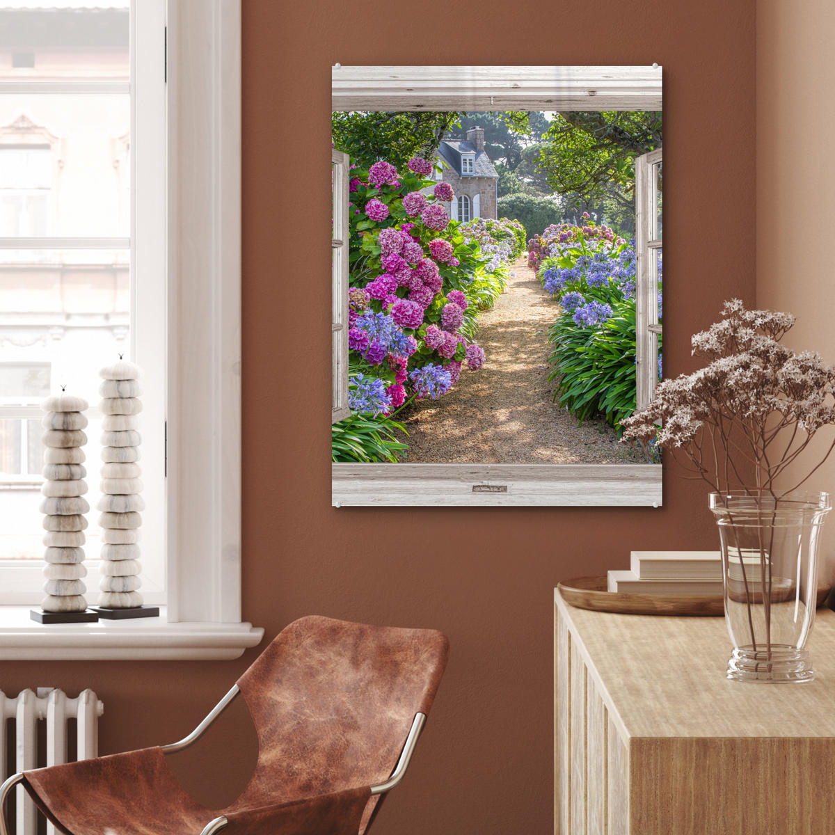 OBRAZ NA AKRYLOVOM SKLE Hortenzie - Priehľadné - Kvety - Leto - Fialová - Cesta 60x80 cm - lila, sklo (60/80cm) - MuchoWow