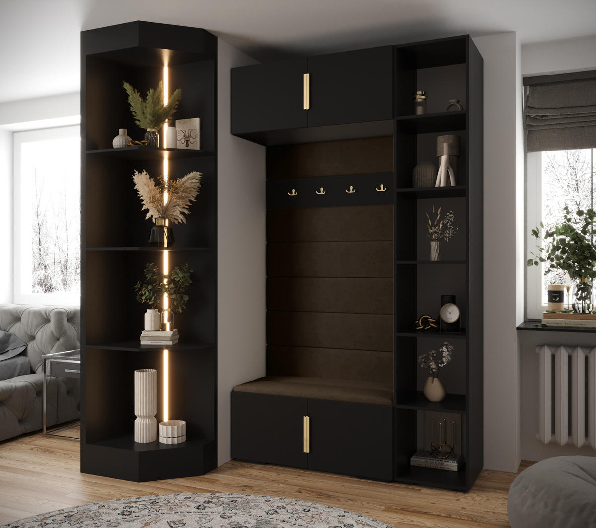 GARDEROBEN-SET 236,7/140/47 - Goldfarben/Schwarz, Holz/Kunststoff (140/236.7/47cm) - Abiks Möbel