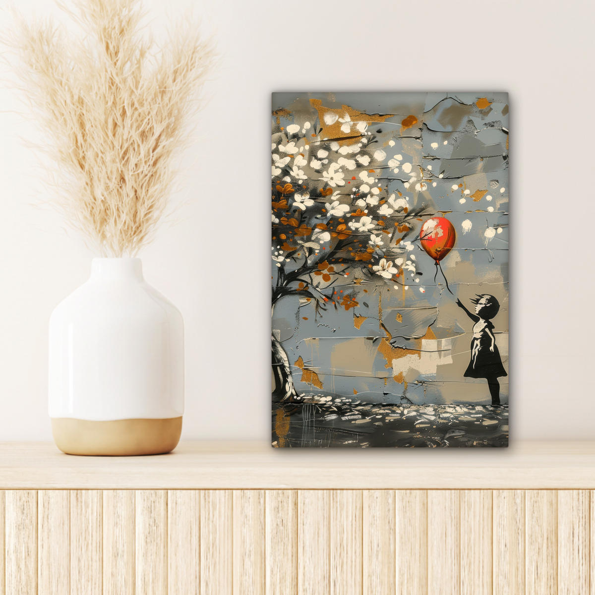 LEINWANDBILD Baum - Graffiti - Banksy-Stil - Ballon-Mädchen Deko Wohnzimmer 20x30 cm - Blaugrau, Textil (20/30cm) - MuchoWow