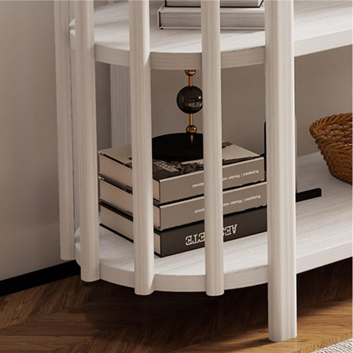 OVALER Couchtisch mit 3 Ablagen – Wohnzimmertisch in Holzoptik, MDF, 114 × 38 × 75 cm, Weiß - Weiß, Holzwerkstoff (114/38/75cm) - Ej. Life