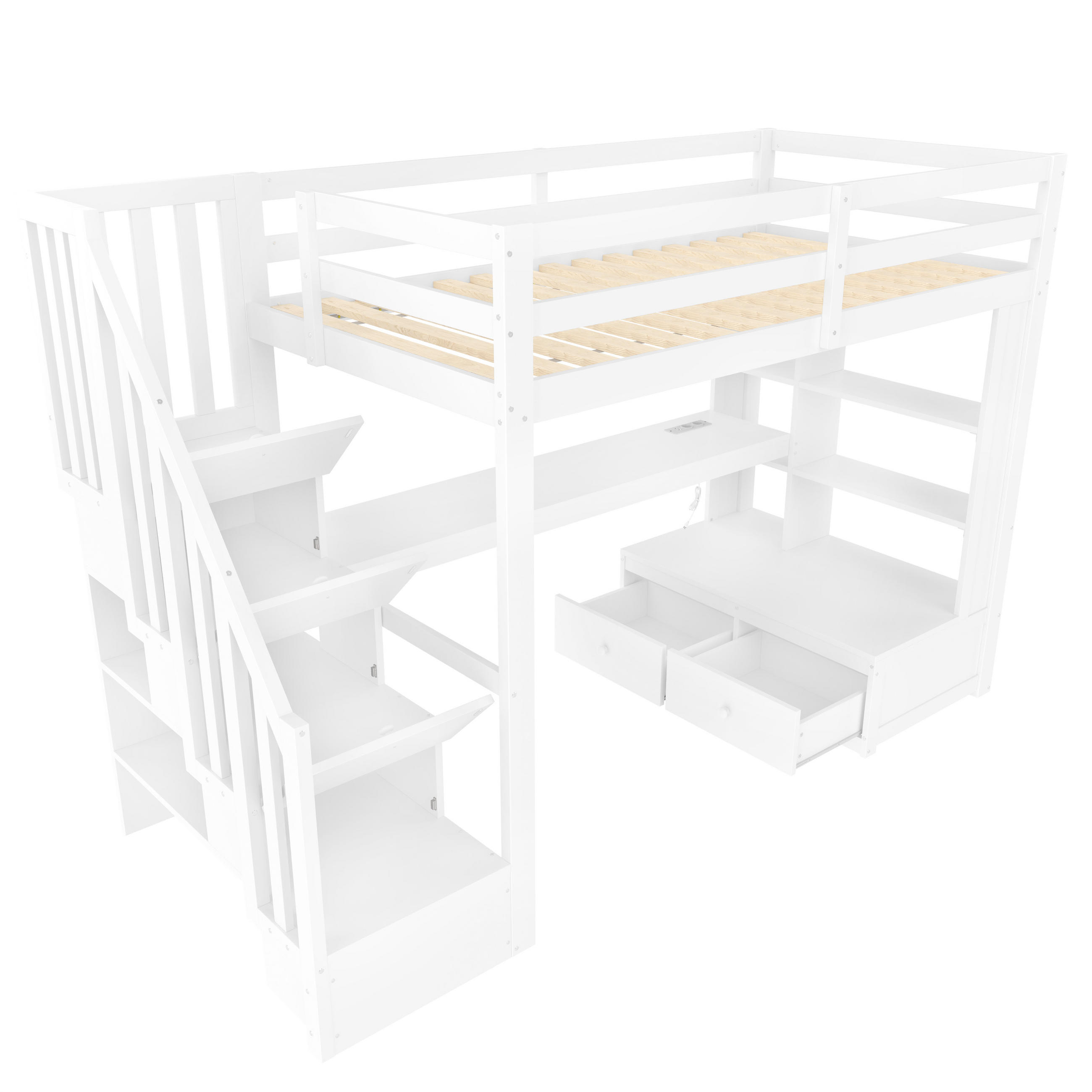 HOCHBETT 90/200 cm cm DE-03350, mit Schreibtisch, Regalen, 2 Schubladen und LED, in Weiß - Weiß, Holz/Holzwerkstoff (90/200cm) - ComfortXL