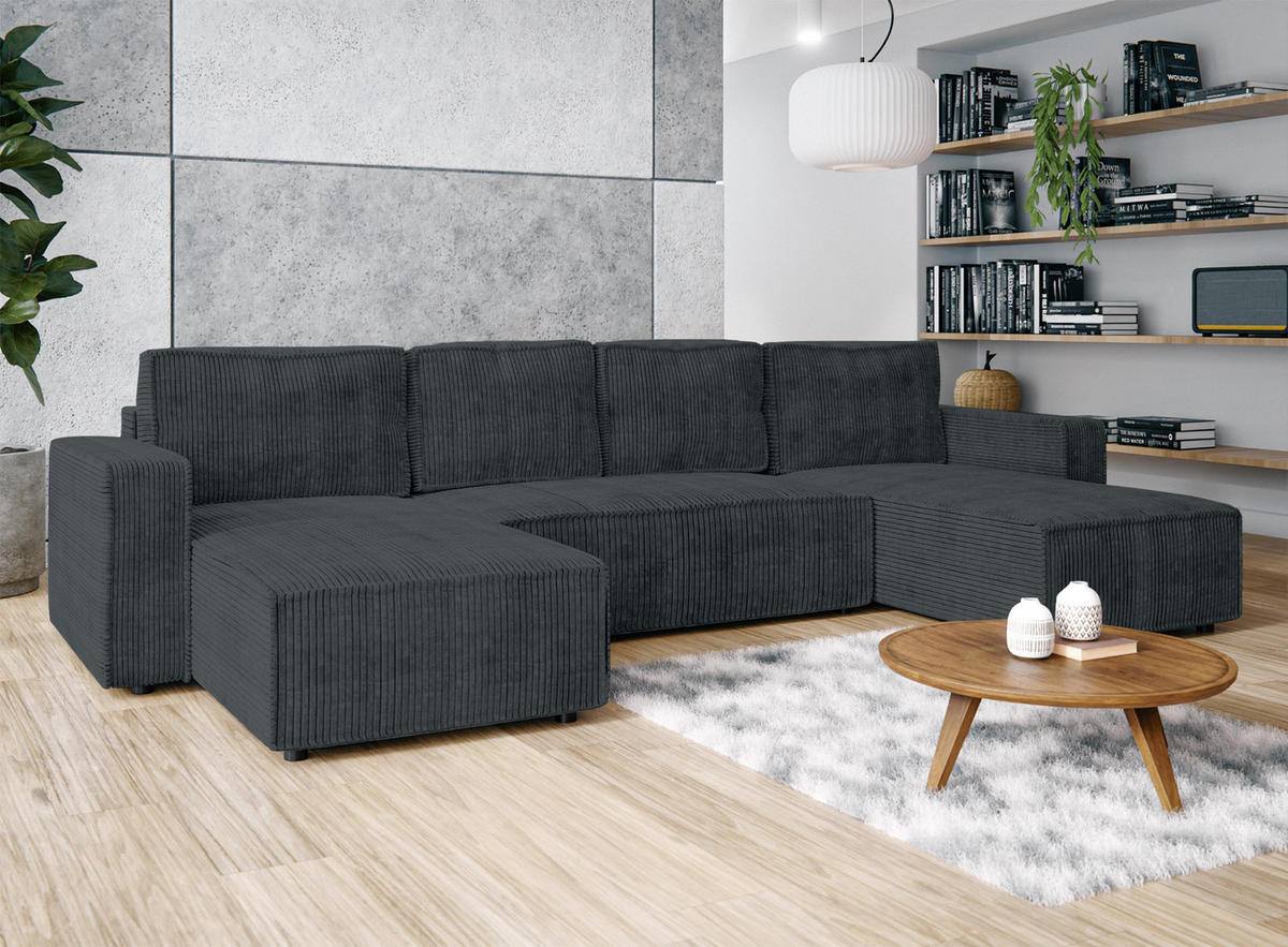 WOHNLANDSCHAFT Aydin U Form Grau 338/169/85 cm Cord mit Schlaffunktion - Schwarz/Grau, Kunststoff/Textil (338/85/169cm) - AX Living