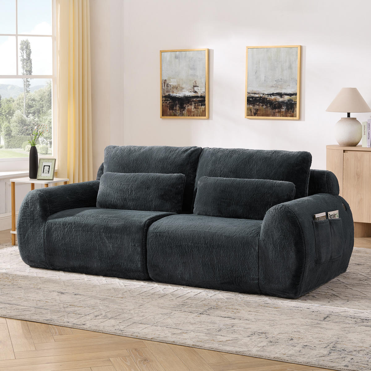 2-SITZER SOFA Kaninchenstil-Kunstfell Grau mit USB und Magazintasche - Grau, Textil (208/81/101cm) - WISHDOR