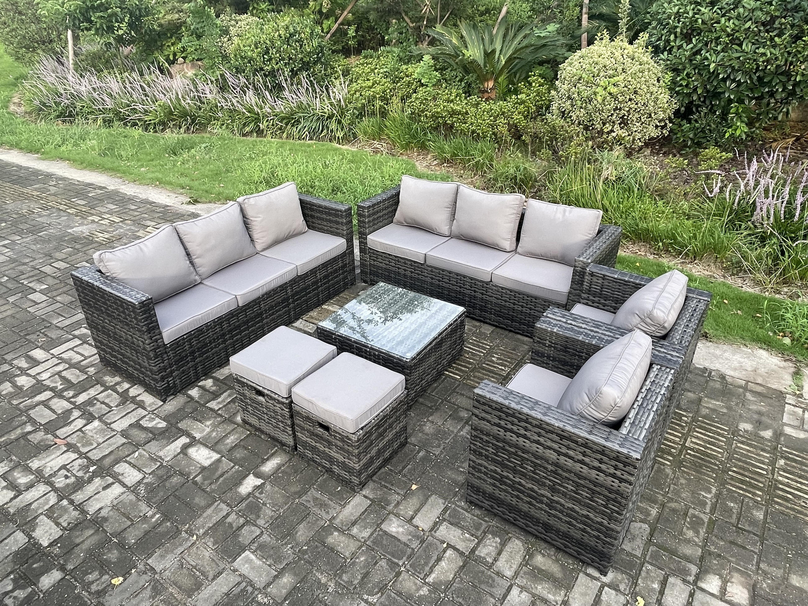 GARTENTISCHGRUPPE Polyrattan 10-Sitzer - Dunkelgrau, Metall - Fimous
