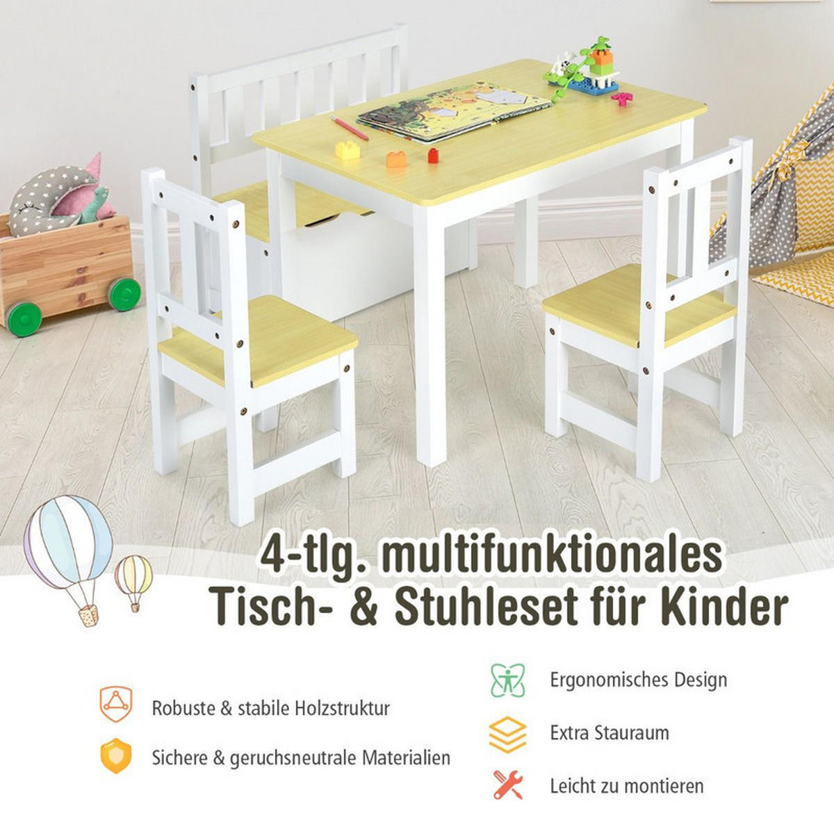 KINDERSITZGRUPPE mit Stauraum natur(4-tlg) - Naturfarben, Holzwerkstoff (70/51/48cm) - COSTWAY