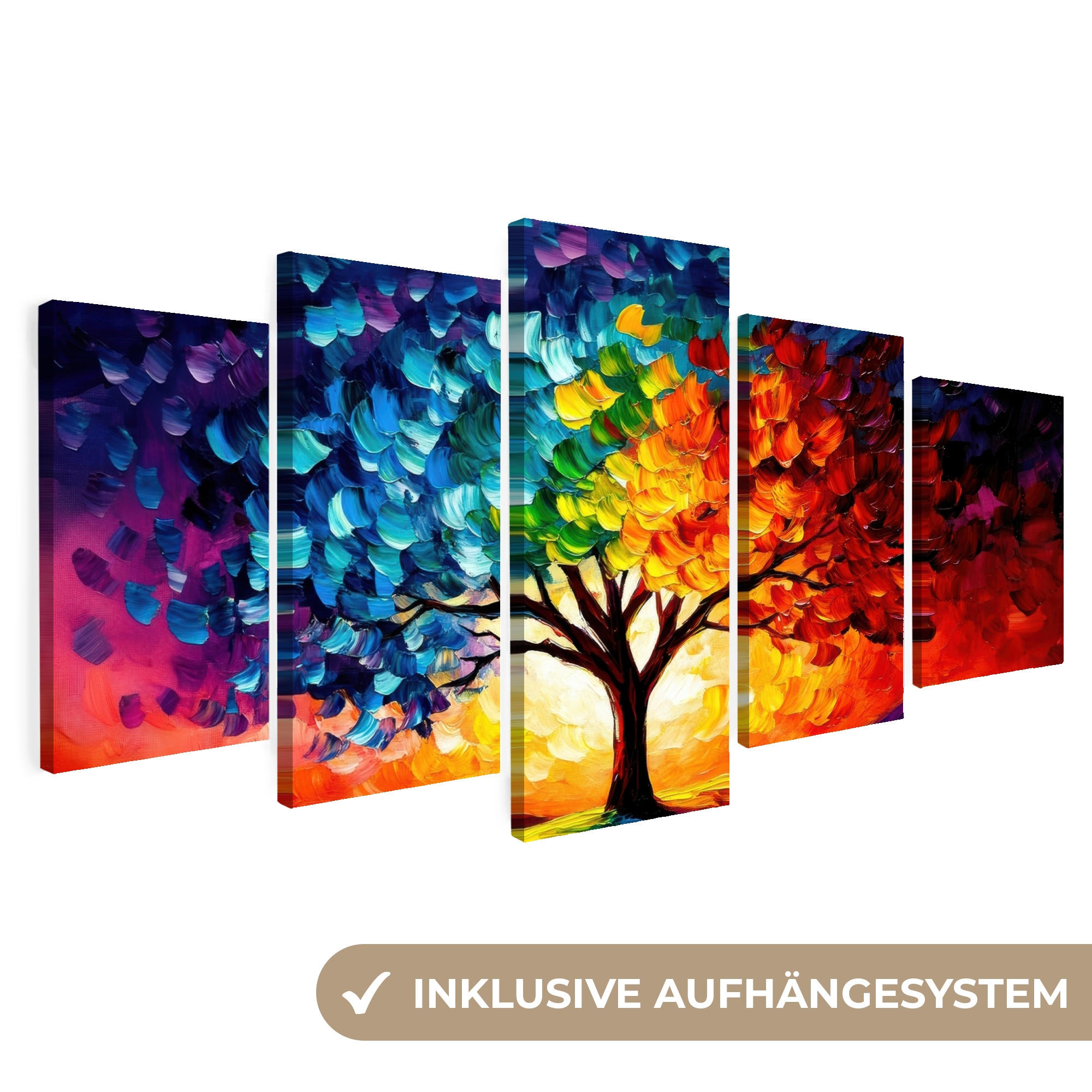 LEINWANDBILD 5er Set Baum - Farbenfroh - Malerei-Look - Abstrakt 150x80 cm - Multicolor, Textil (150/80cm) - MuchoWow