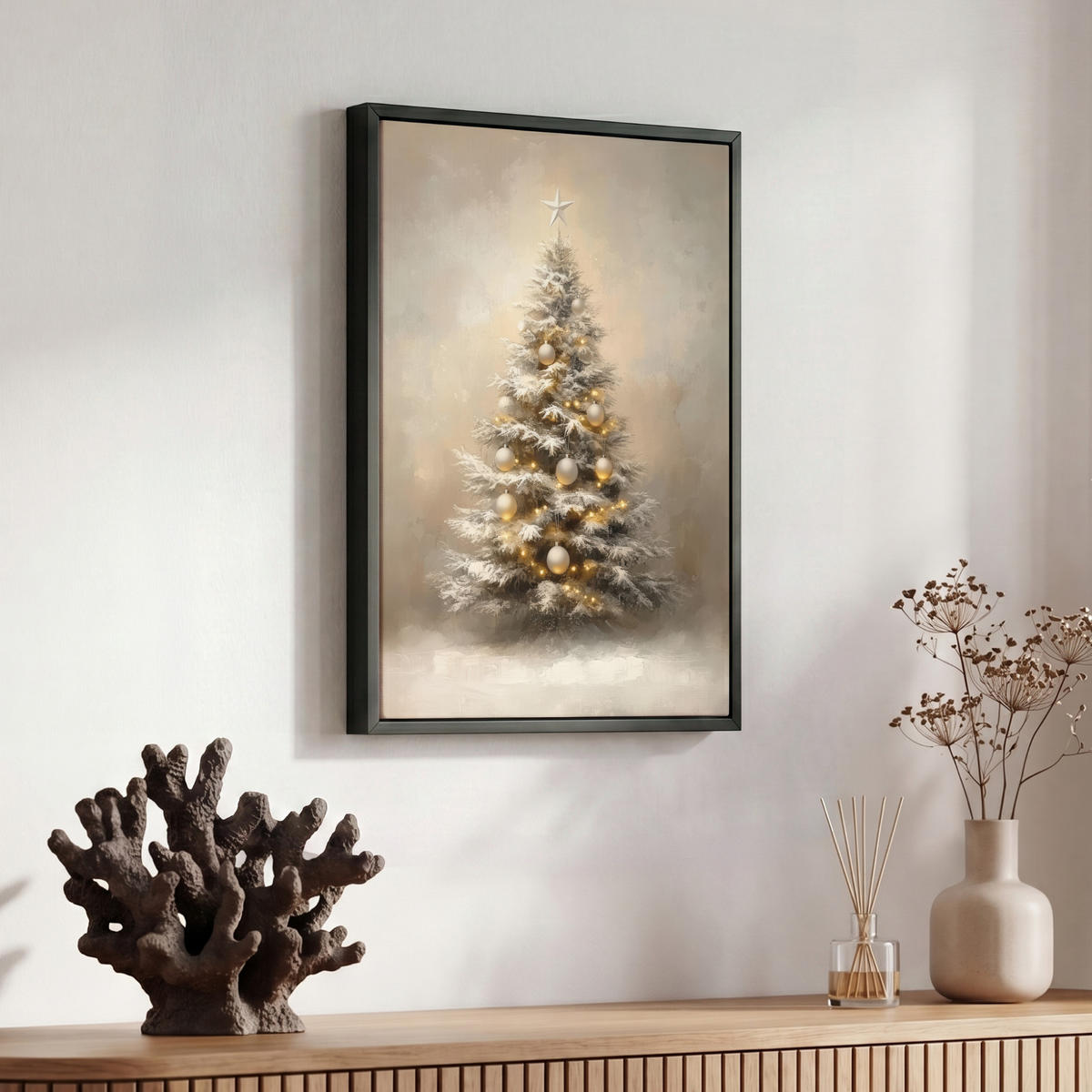 LEINWAND Bilder mit Rahmen - Weihnachten - Weihnachtsbaum - Schnee - Kunst - 30x40 - Champagner, Textil (30/40cm) - MuchoWow