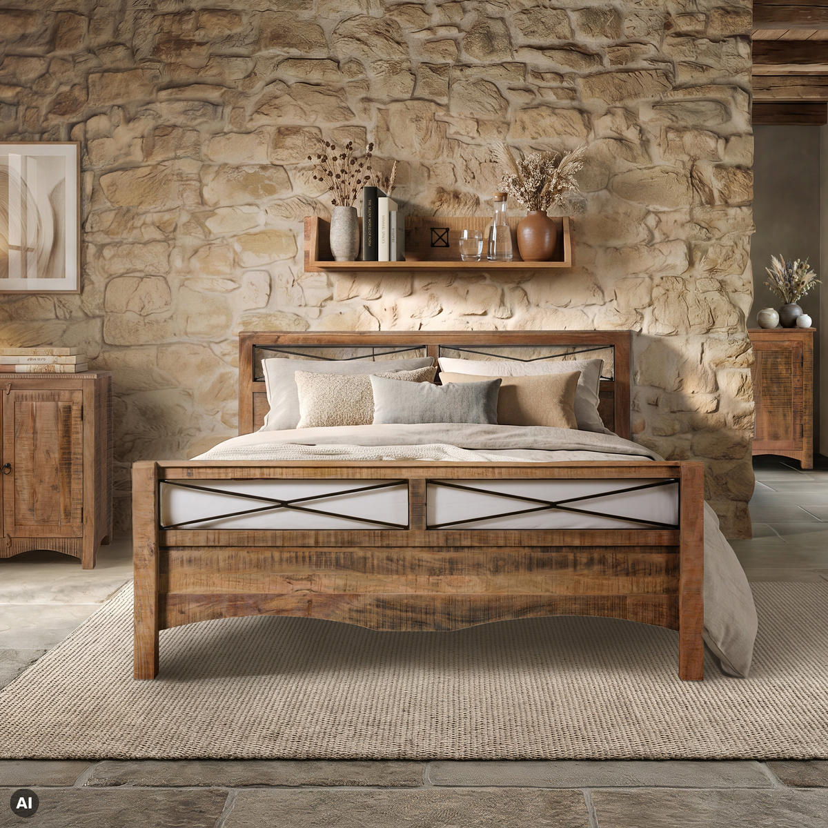 BETT Massivholz Akazie 200 x 200 x 100 natur NATURE OF SPIRIT #348 - Naturfarben, Holz (200/200cm) - Massivmoebel24