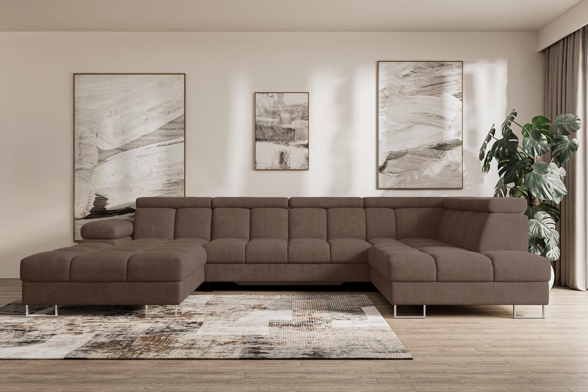 WOHNLANDSCHAFT mit Schlaffunktion und Bettkasten Ottomane RECHTS COMA U 345x203x79 Braun Velours - Braun, Holzwerkstoff/Textil (203/79/345cm) - ALTDECOR