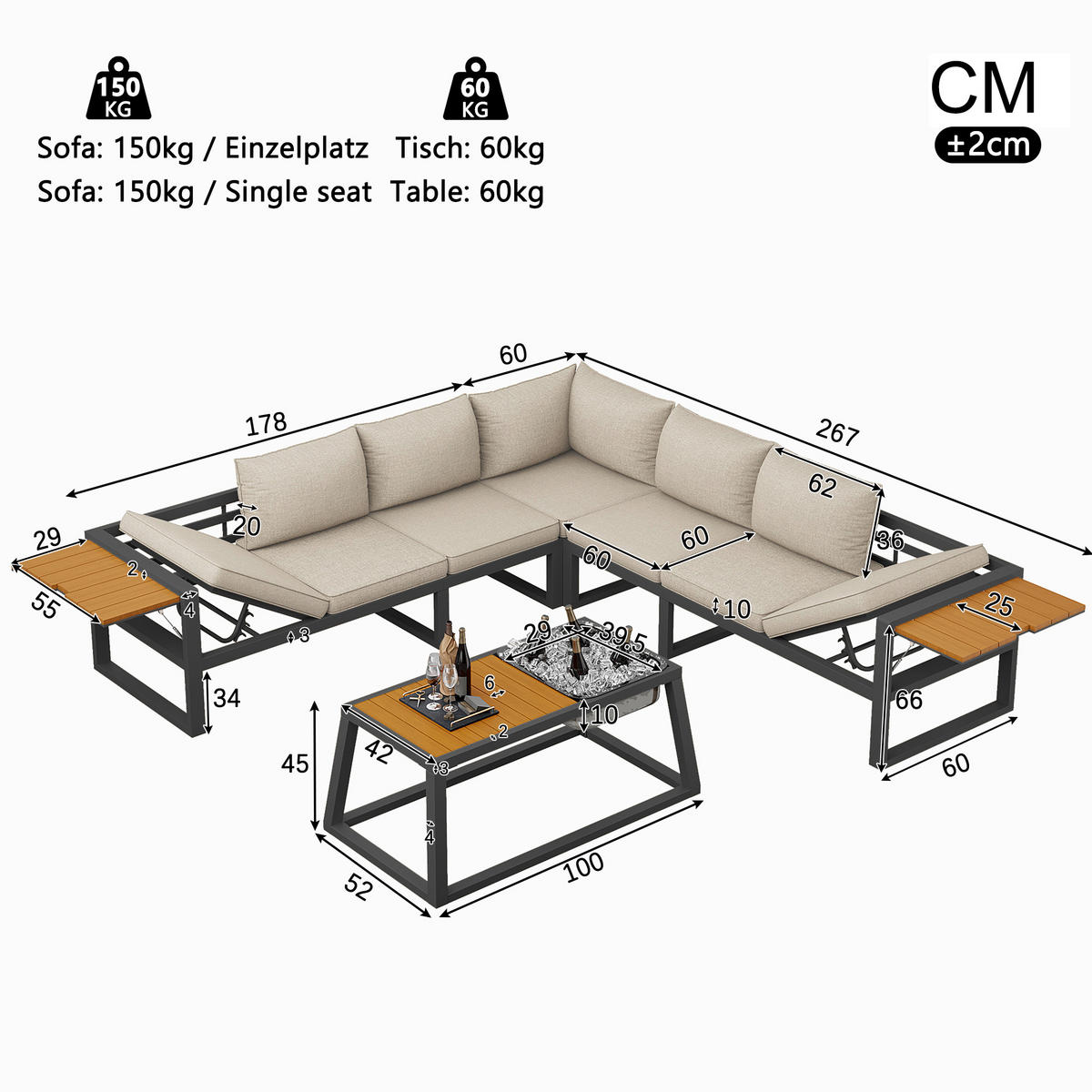 GARTENLOUNGE Grau Beige modular verstellbar Metall Eisbehälter Kissen - Beige, Metall - FLIEKS