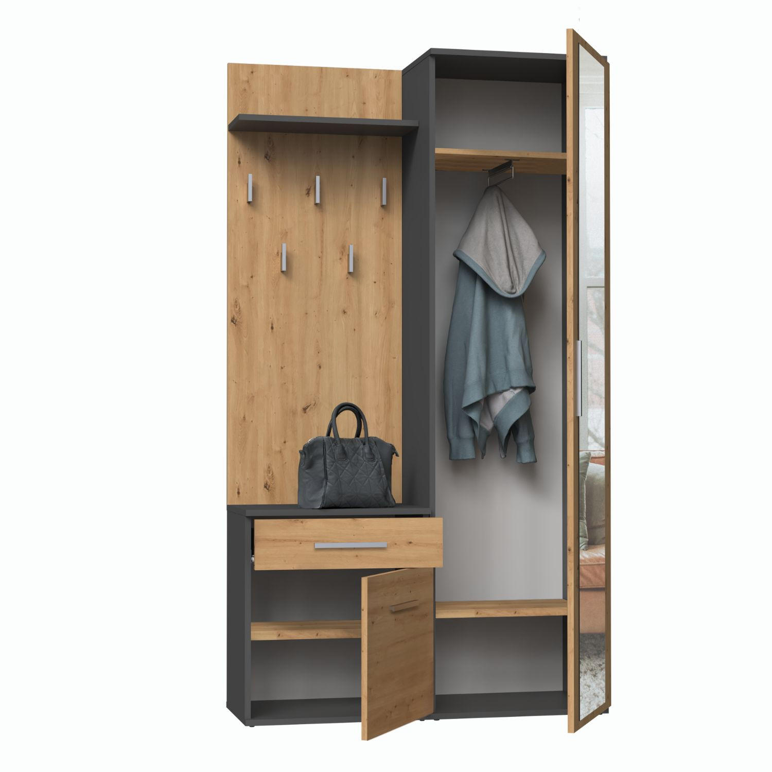 GARDEROBENSET Gustav (3-teilig) - Eichefarben/Anthrazit, Holzwerkstoff (50/180/35cm) - kommodly