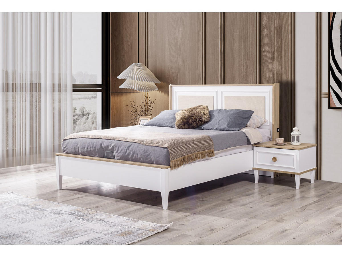 SCHLAFZIMMER AFRIN Schlafzimmer-Set, 4-teilig, Weiß, Bett mit Kopfteil 2 Nachttischen und Kommode - Weiß, Holzwerkstoff (160/119/200cm)