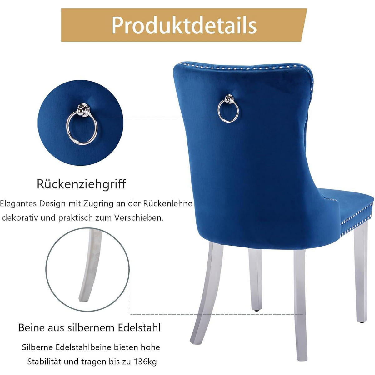 ESSZIMMERSTUHL 8er Set Samt Blau mit Edelstahlbeinen - Blau, Textil (50/95.2/62cm)