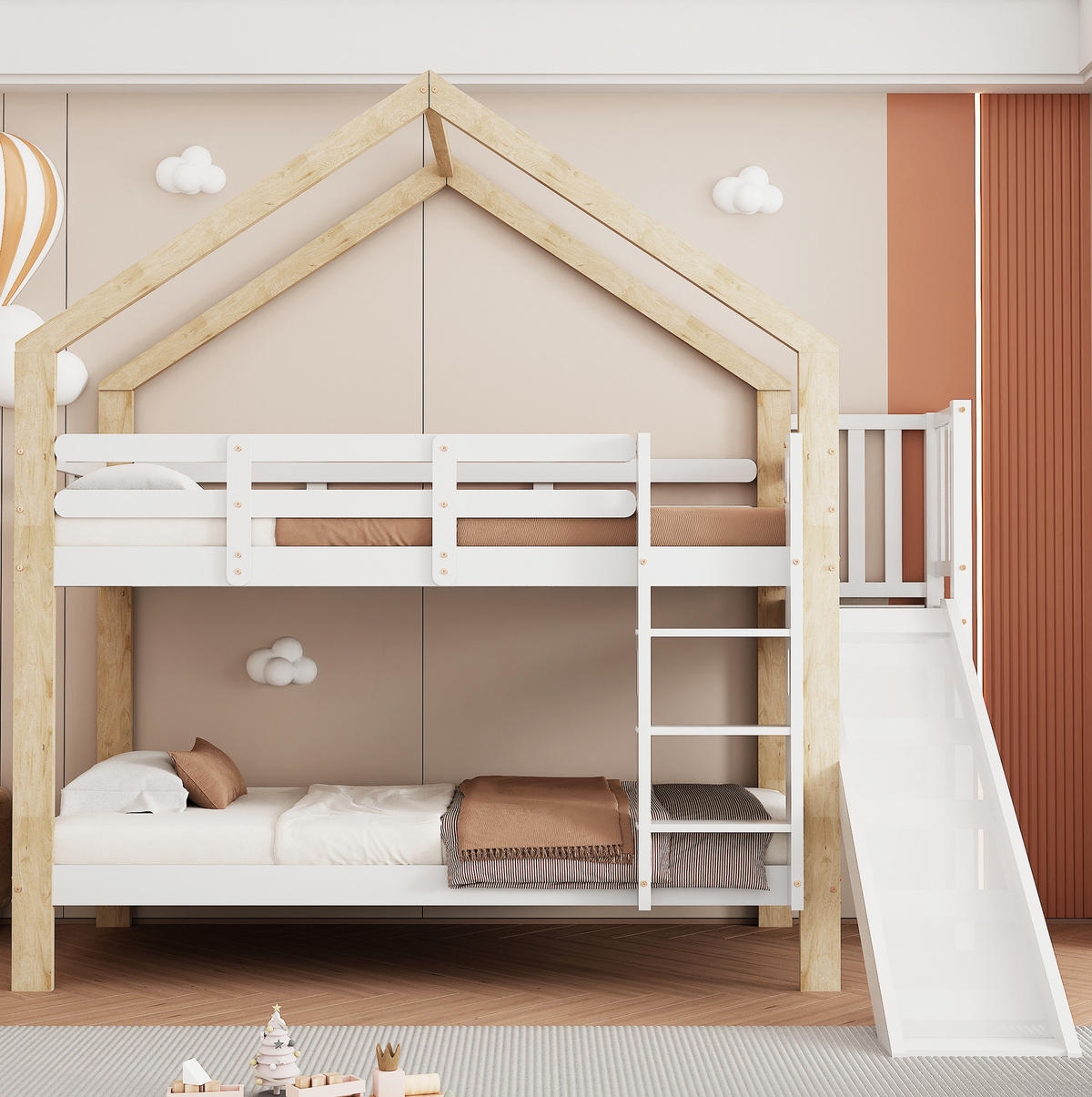 HAUSBETT 90/200 cm Weiß/Natur mit Rutsche und Absturzsicherung - Weiß, Holzwerkstoff (90/200cm) - Flora Grace