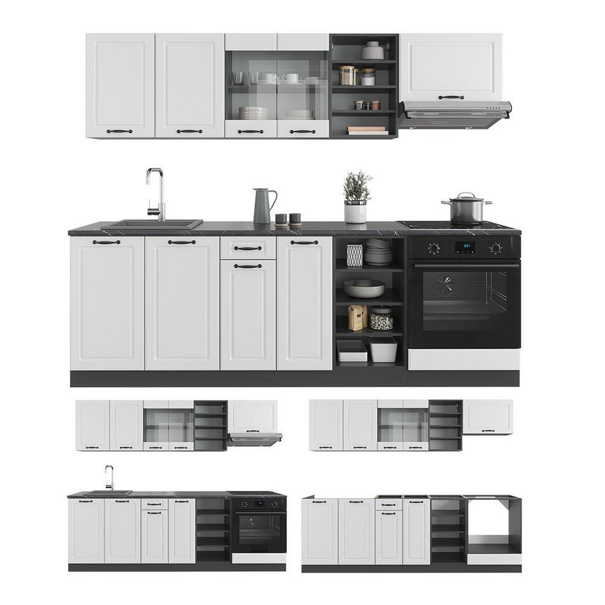 KITCHENETTE R-Line Casă de țară albă/antracit 240 cm , AP Marmură - alb/antracit, compozit lemnos (240/206.8/60cm) - Vicco