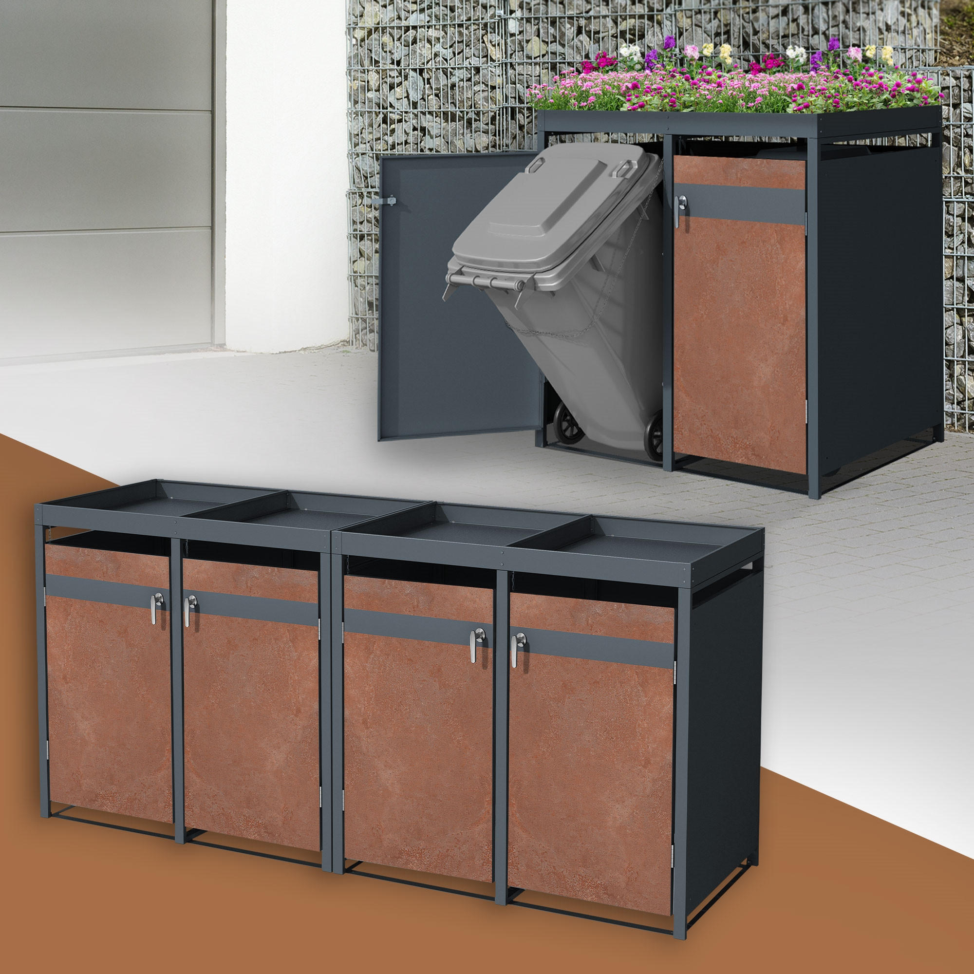 MÜLLTONNENBOX 4er mit Pflanzdach Anthrazit-Rostoptik - Rotbraun, Metall (80/124/264cm) - ML-DESIGN