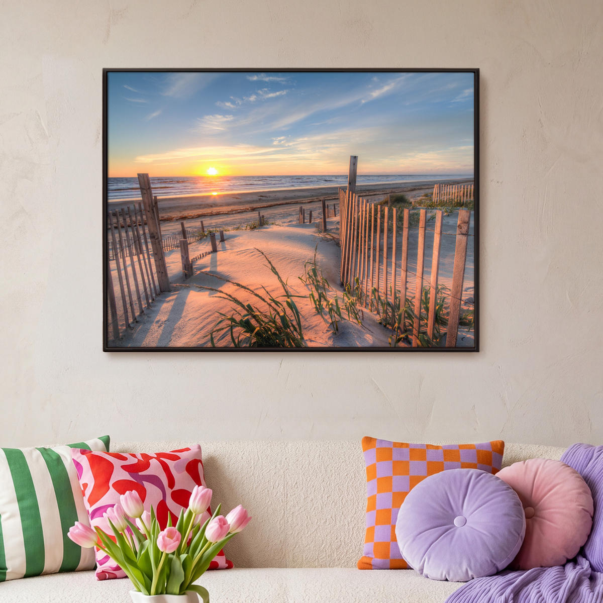 LEINWAND Bilder mit Rahmen - Strand - Meer - Düne - Sonnenuntergang - Landschaft - 100x70 - Beige, Textil (100/70cm) - MuchoWow