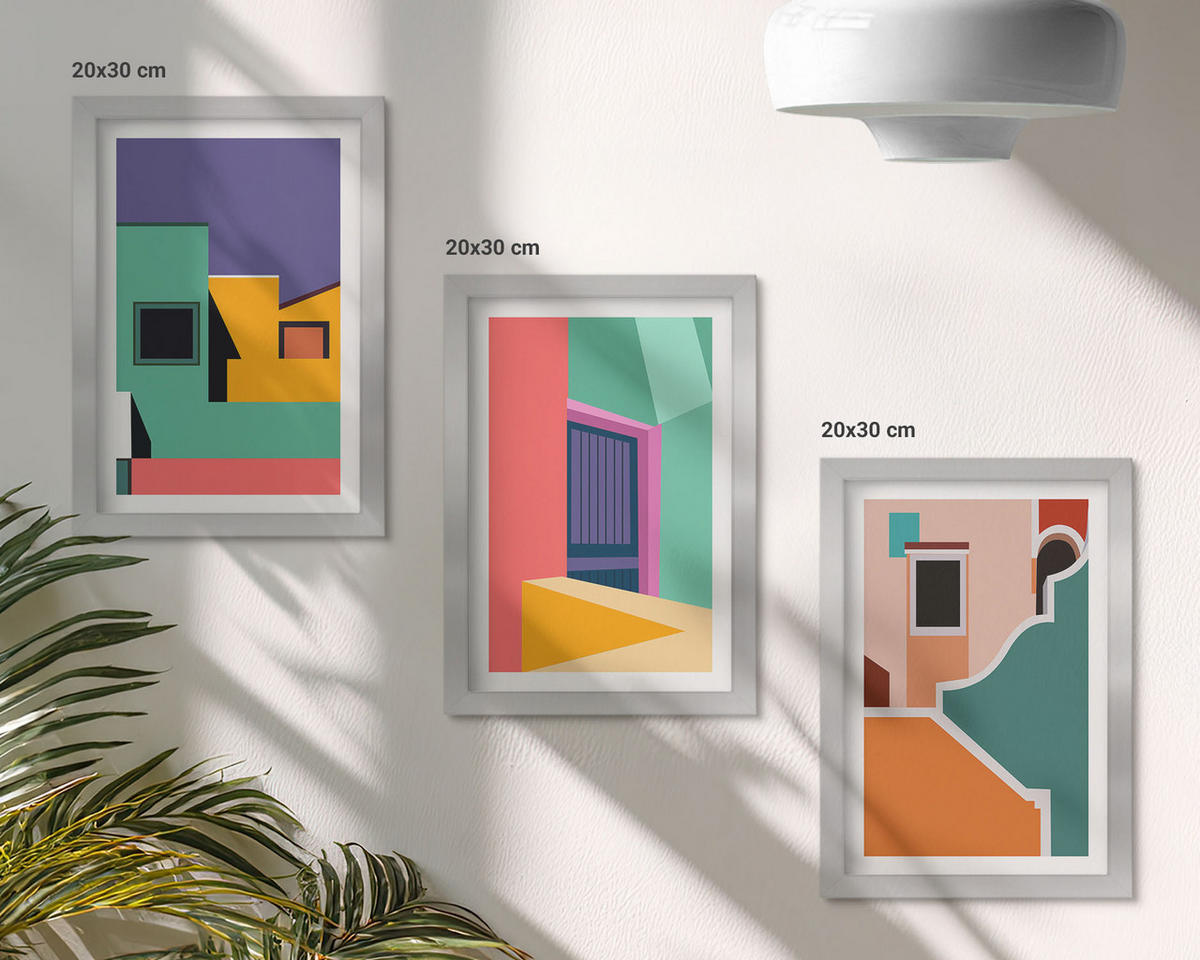 BILDER SET 3er Set - 20x30 cm Silberner Rahmen - Farbenfrohe Illustrationen der Stadt - Silberfarben, Kunststoff (20/30cm) - TULUP