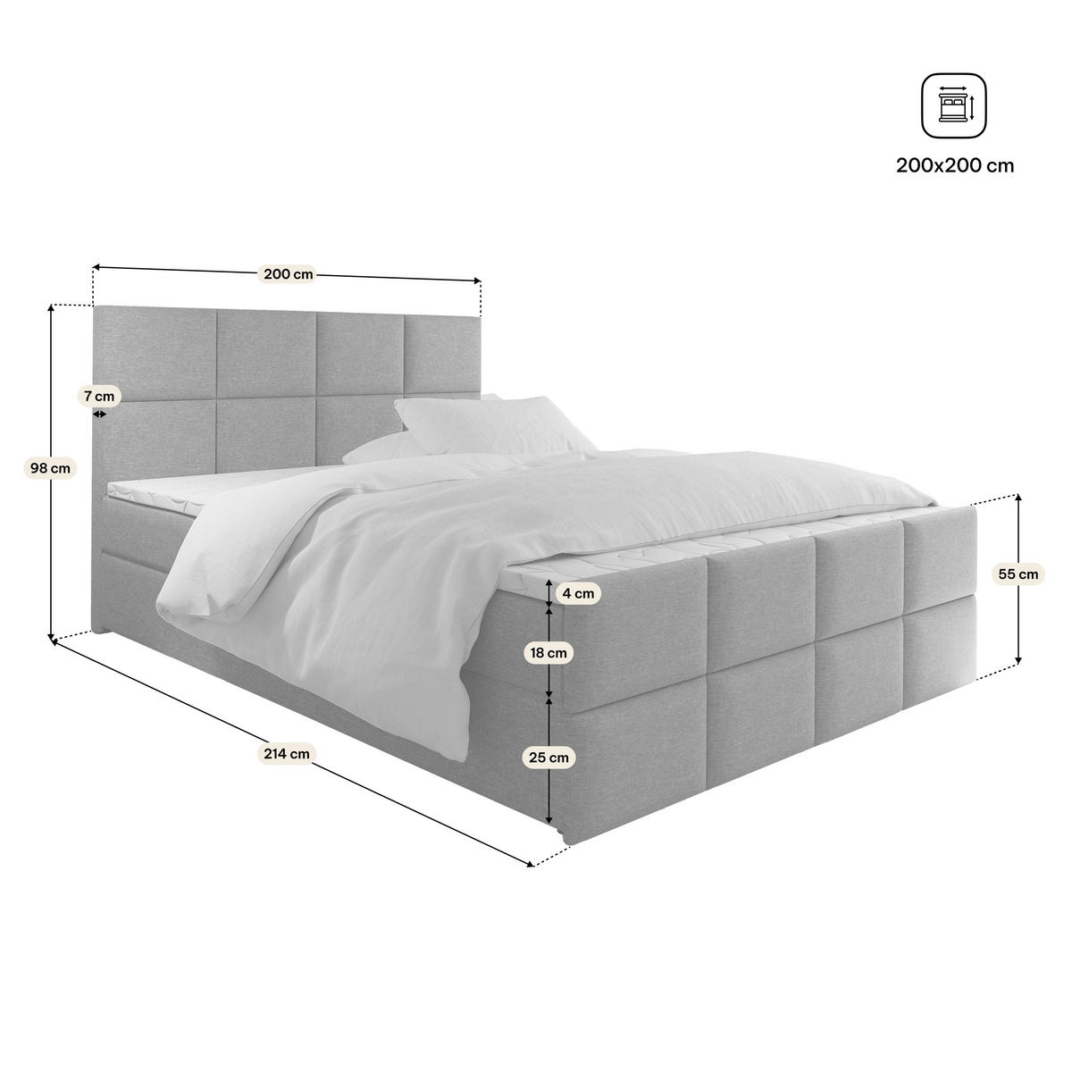 BOXBETT ARIEL 200x200 cm mit Matratze und Topper, H2+H3 - Schwarz - Schwarz, Holz (200/200cm) - MASSENO