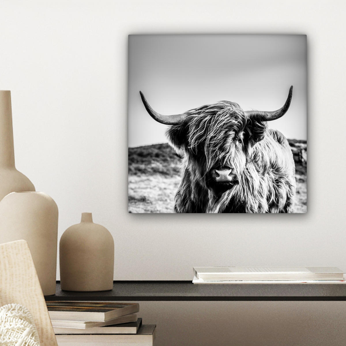 OBRAZ NA PLÁTNĚ Kráva - Skotský horal - Černá - Bílá - Zvíře - Příroda - Divoká zvěř 20x20 cm - černá, textil (20/20cm) - MuchoWow