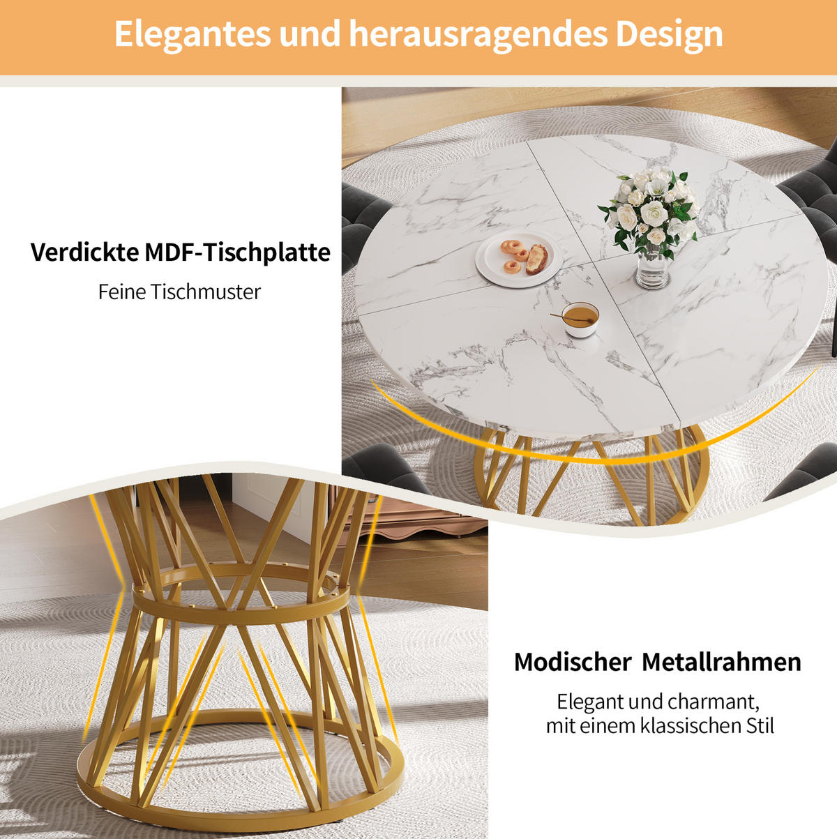 ESSTISCH 100/100/76 cm in Gold mit MDF-Tischplatte in Marmoroptik - Goldfarben, Holzwerkstoff (100/100/76cm) - Flora Grace