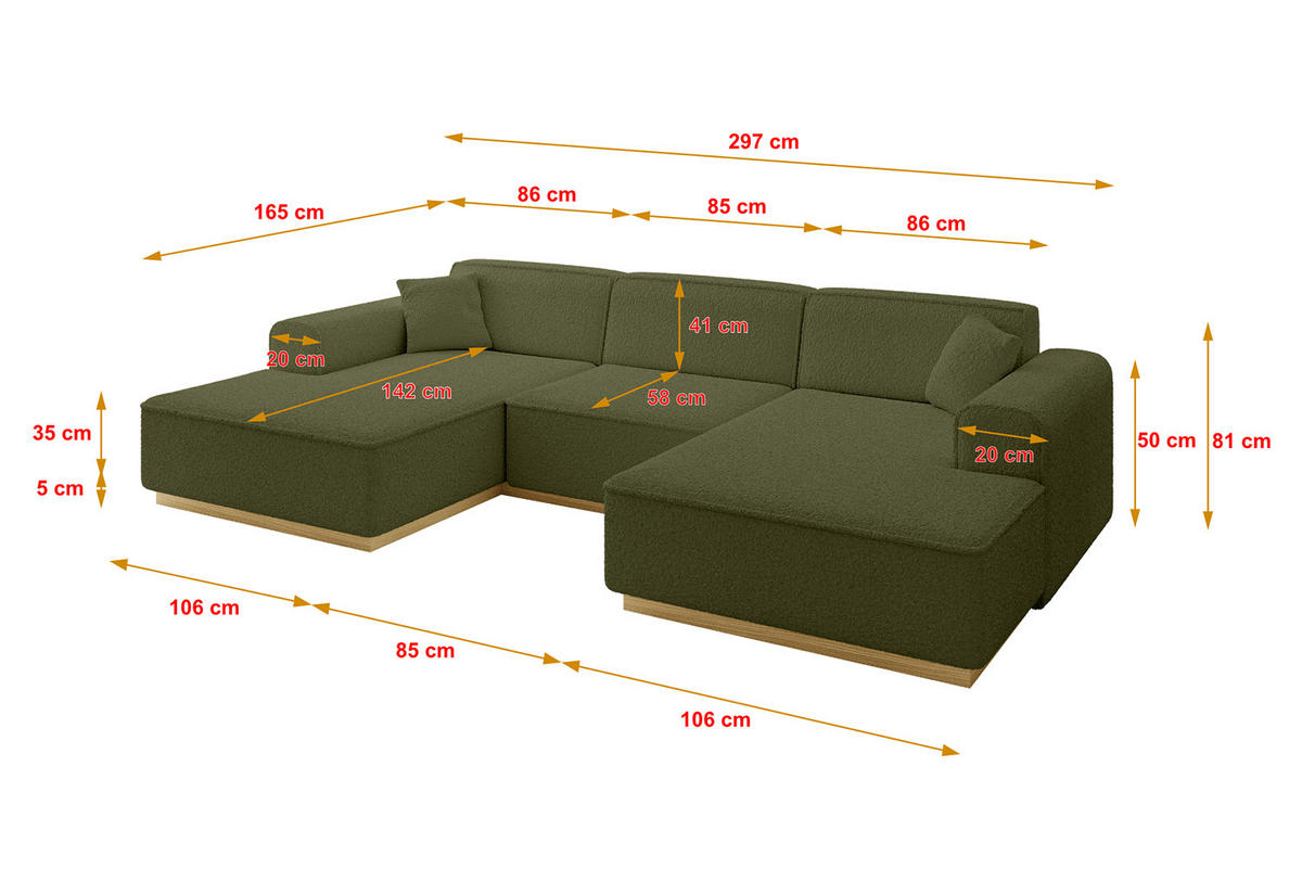 WOHNLANDSCHAFT IREA-U1-v2 - 297x165x81 cm Grün - Grün, Holzwerkstoff/Textil (297/81/165cm) - ALTDECOR