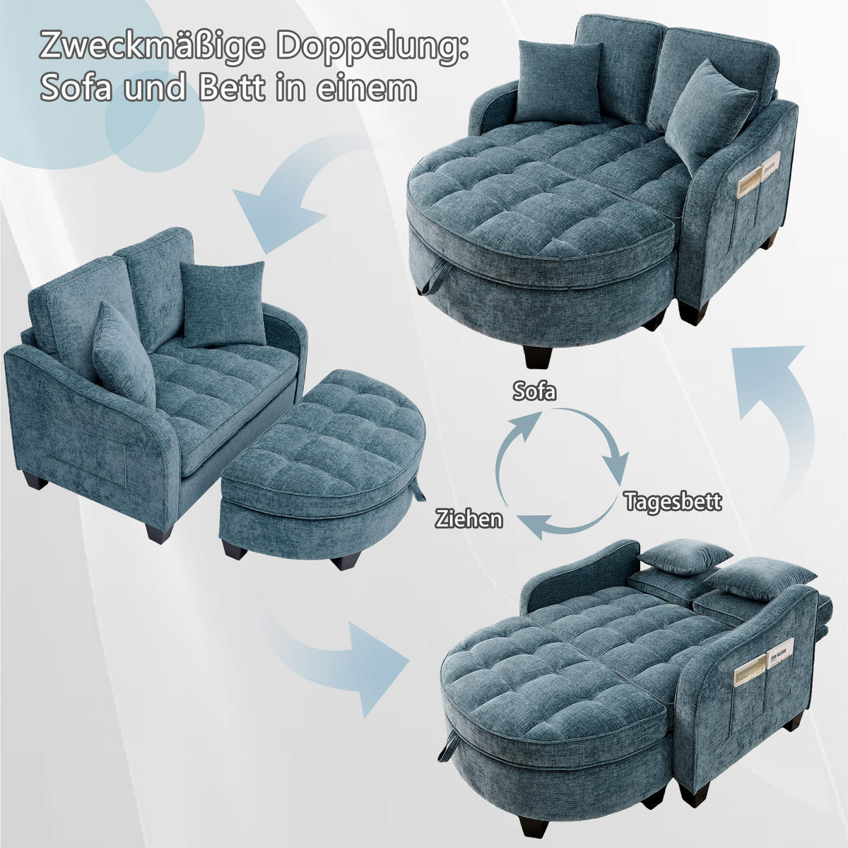 SOFA Chenille Blau mit Hocker und Schlaffunktion - Blau, Holzwerkstoff/Kunststoff (132/93/129cm) - WISHDOR