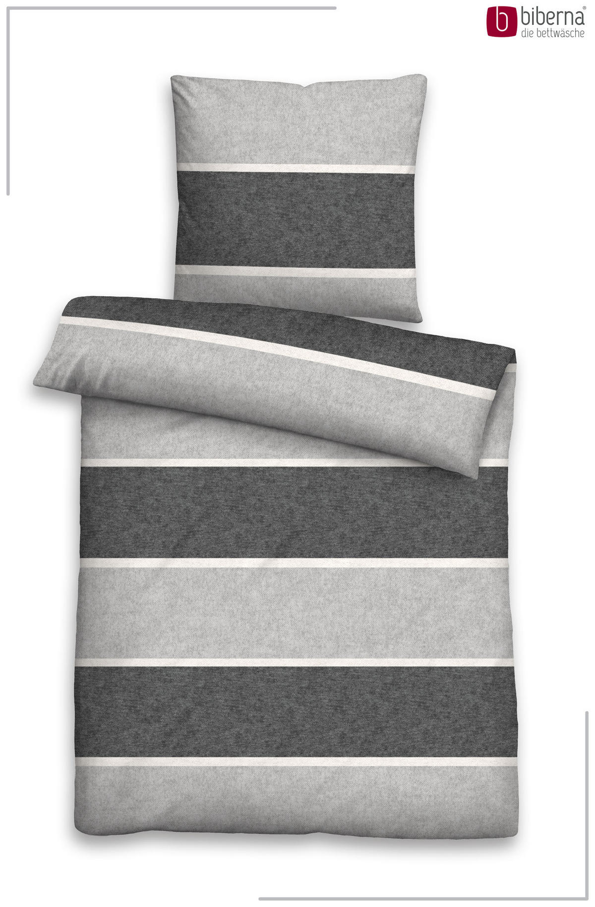 BETTWÄSCHE-GARNITUR Premium Melange Blockstreifen sturmgrau, 155x200 cm + 80x80 cm - Grau, Textil (155/200cm) - biberna