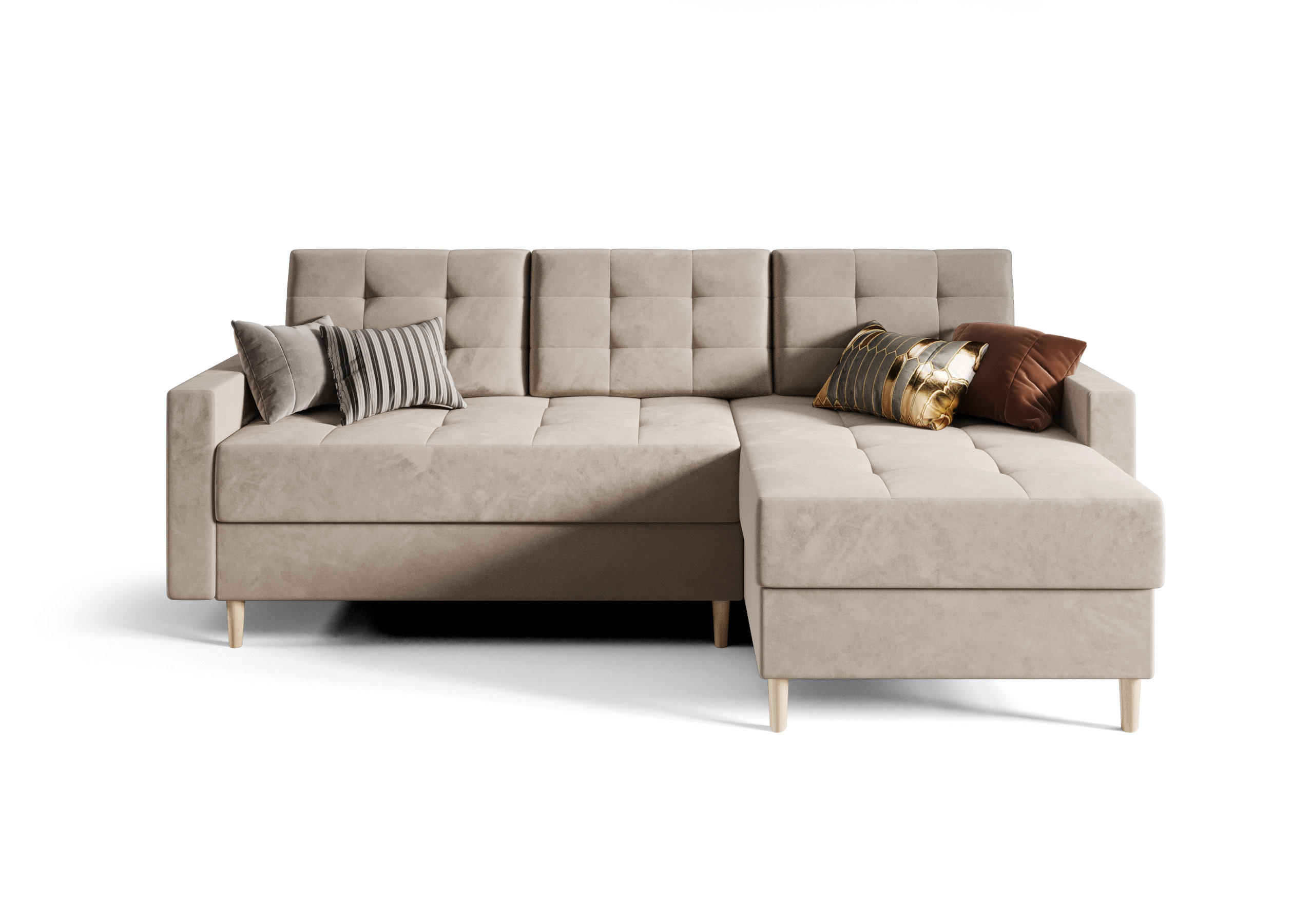 ECKSOFA BARI RN01, Eckcouch in L-Form mit Schlaffunktion, Farbe: Beige, Velourstoff, Ottomane Rechts - Beige, Textil (224/144cm) - O-Sofa