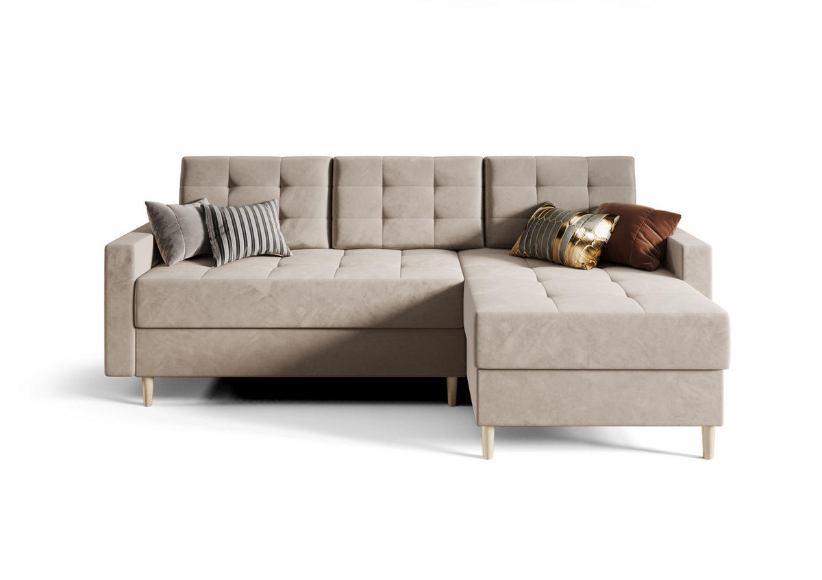 ECKSOFA BARI RN01, Eckcouch in L-Form mit Schlaffunktion, Farbe: Beige, Velourstoff, Ottomane Rechts - Beige, Textil (224/144cm) - O-Sofa