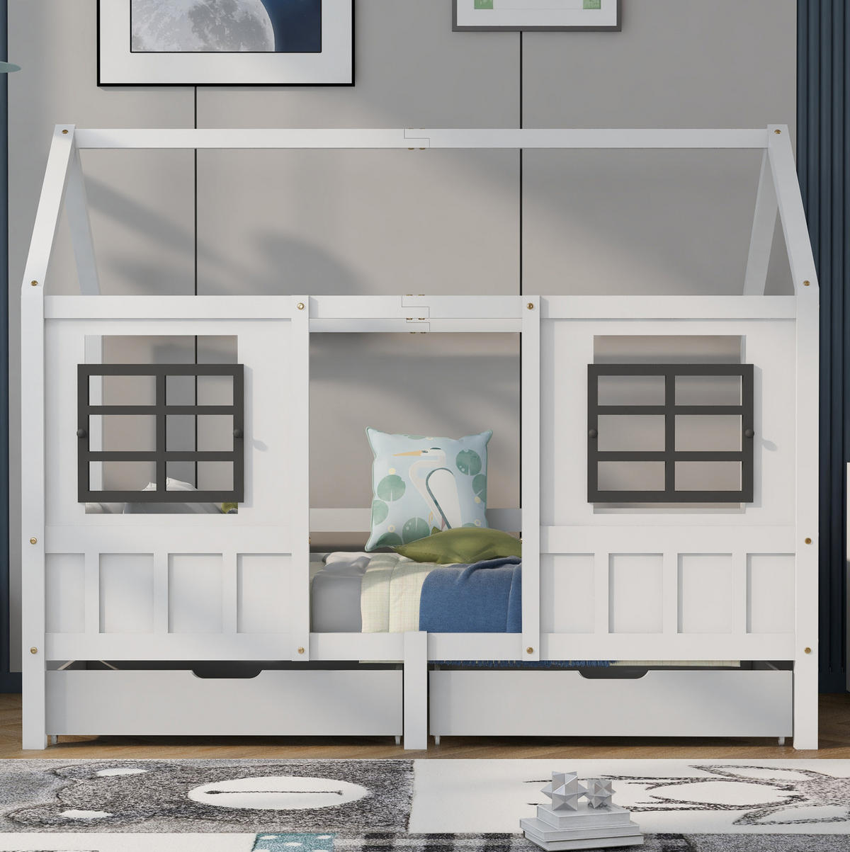 HAUSBETT aus Kiefer und MDF 200x90 cm Weiß mit 2 Schubladen, Fenstern und Hausdach - Weiß, Holzwerkstoff (90/200cm) - Modfu