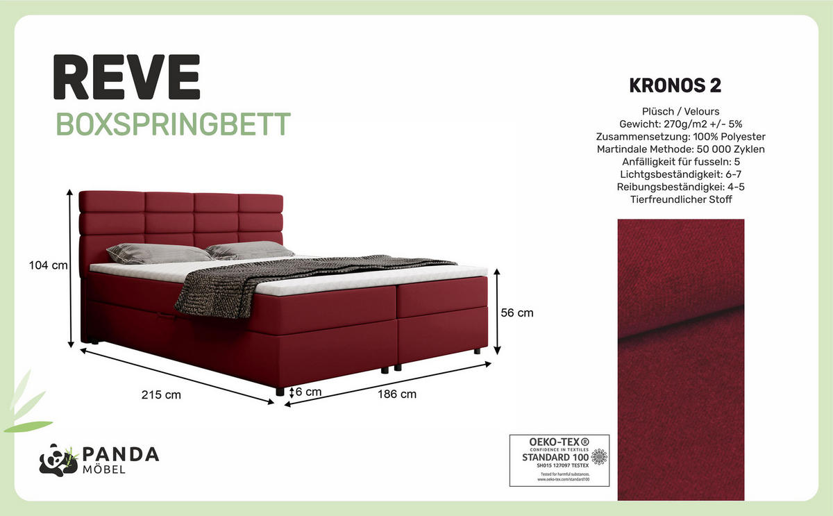 BOXBETT Reve 180 x 200 cm mit Bettkasten und Lattenrost ohne matratze - rot - Hellgrau, Holz (180/206cm) - Panda Möbel