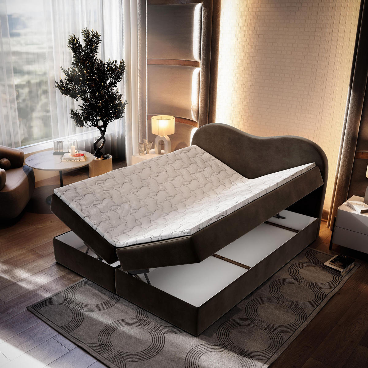 BOXBETT FLUVIA M 180x200 cm mit Matratze und Topper - Braun - Braun, Holz (180/200cm) - MASSENO