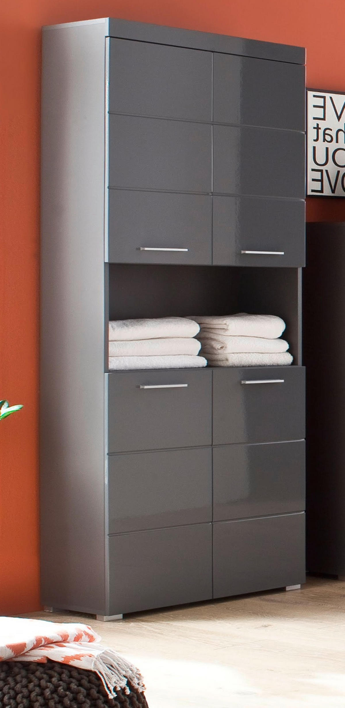 HOCHSCHRANK grau Hochglanz 73 x 190 cm, Badschrank 4-türig - Grau, Holzwerkstoff/Kunststoff (73/190/31cm) - Top.Furn