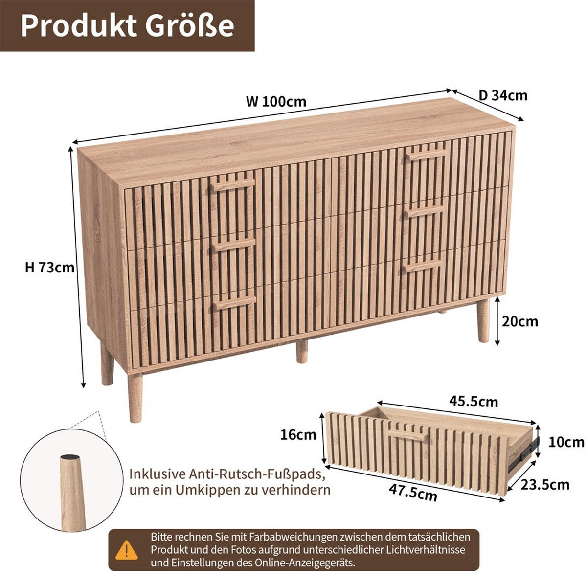 KOMMODE mit 6 Schubladen - gerillte Fronten und konische Beine - für Wohnzimmer und Schlafzimmer - Eichefarben, Holzwerkstoff (100/73/34cm) - DELFA